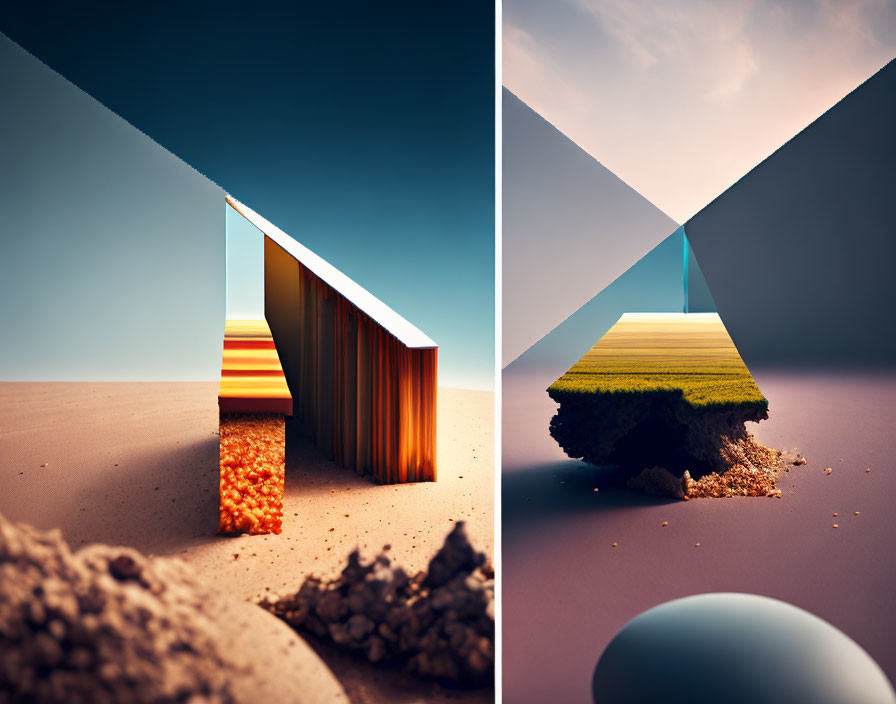 Split-image art: desert meets lush fields with metallic structure reflection