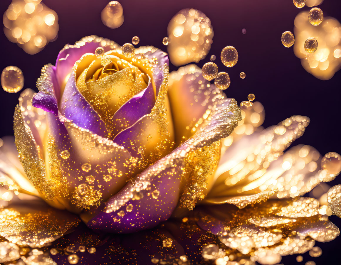 Yellow and Purple Rose with Dewdrops and Bokeh on Dark Background