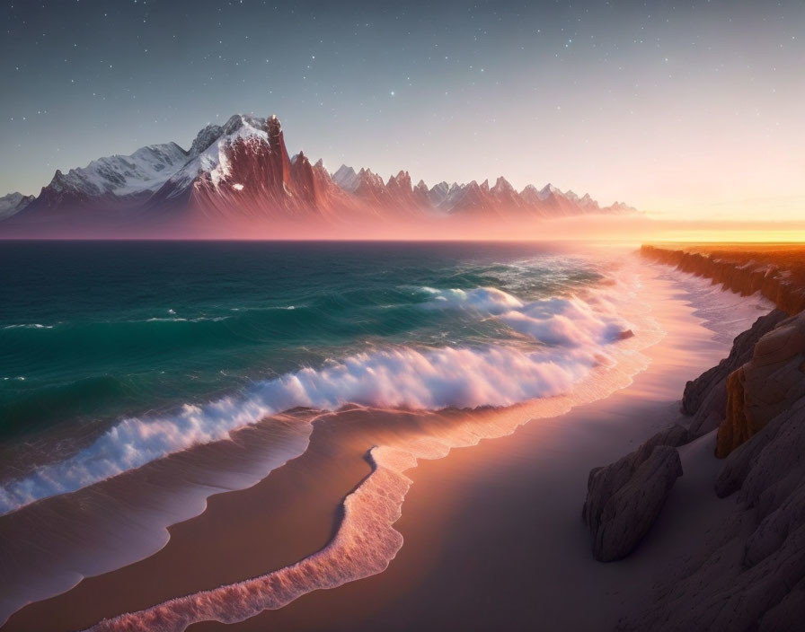 Tranquil beach sunset with snow-capped mountains