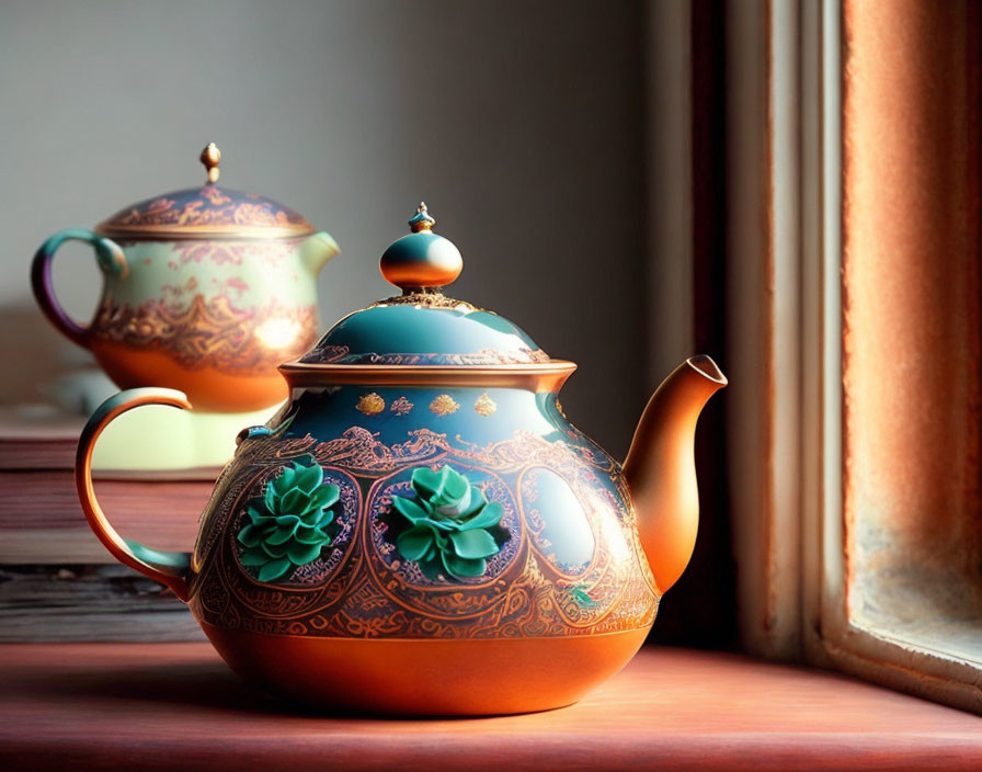 Intricately designed teapot by window in natural light