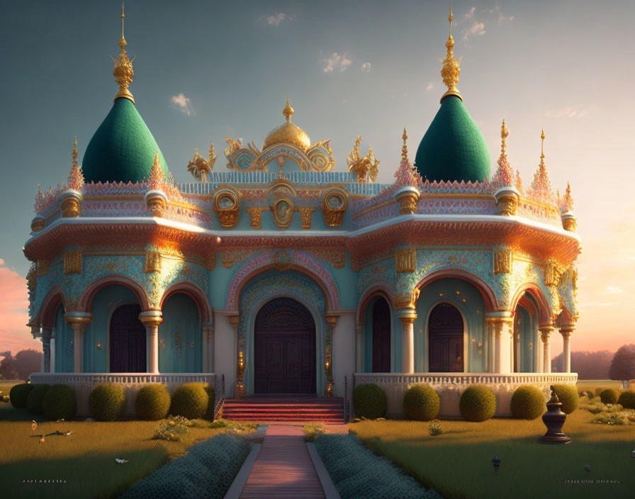 Fantastical palace with turquoise domes and golden embellishments