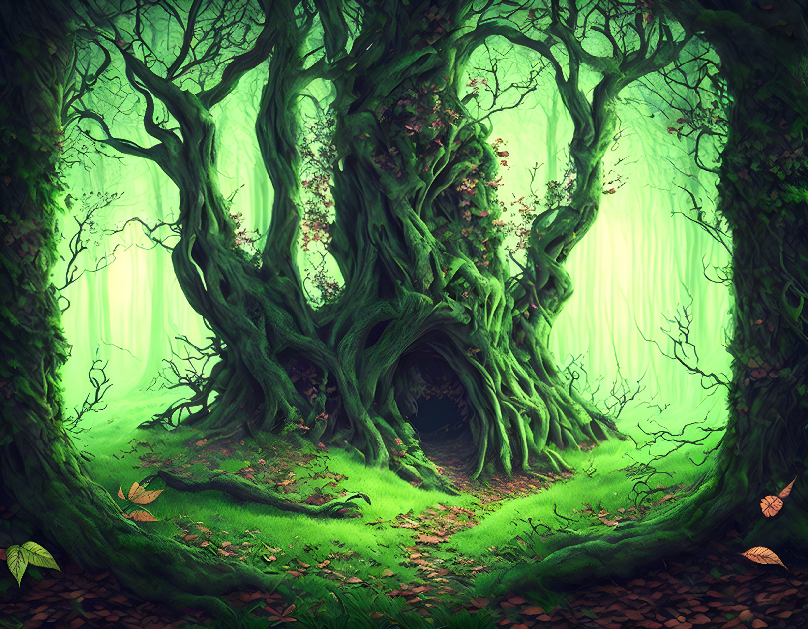 Enchanting forest scene with ancient twisted trees and vibrant green foliage
