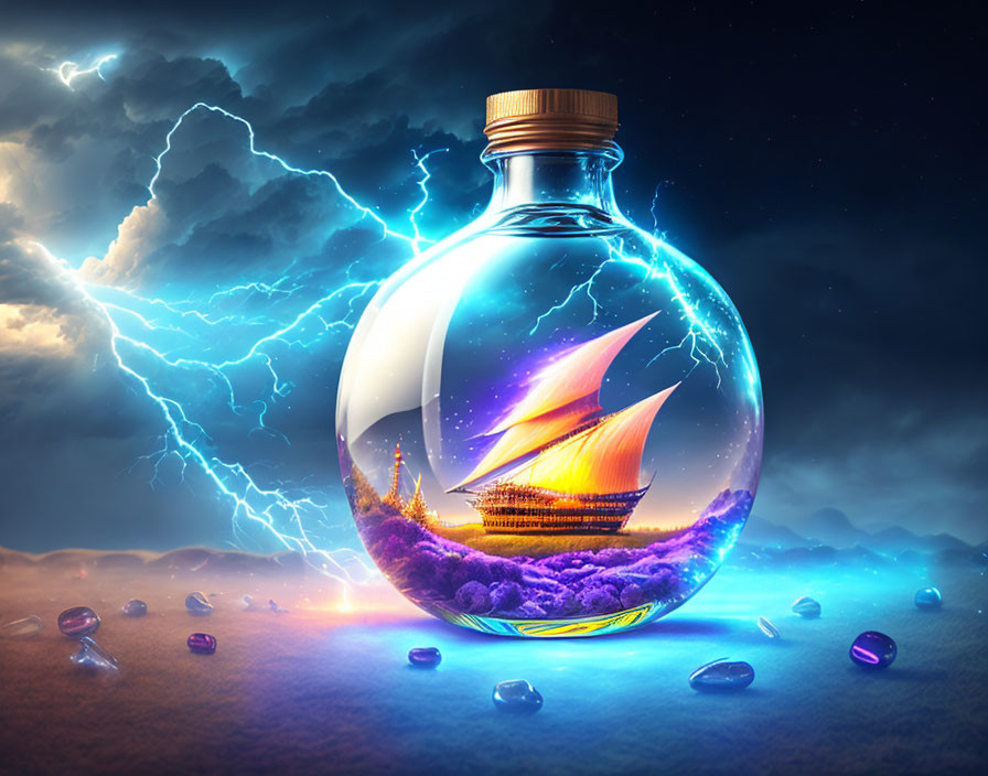 Digital artwork: Sailing ship in glass bottle amid stormy skies