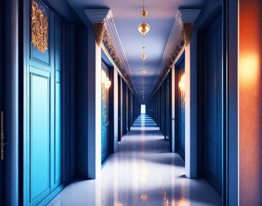 Luxurious hallway with deep blue walls, ornate gold trim, and elegant chandeliers