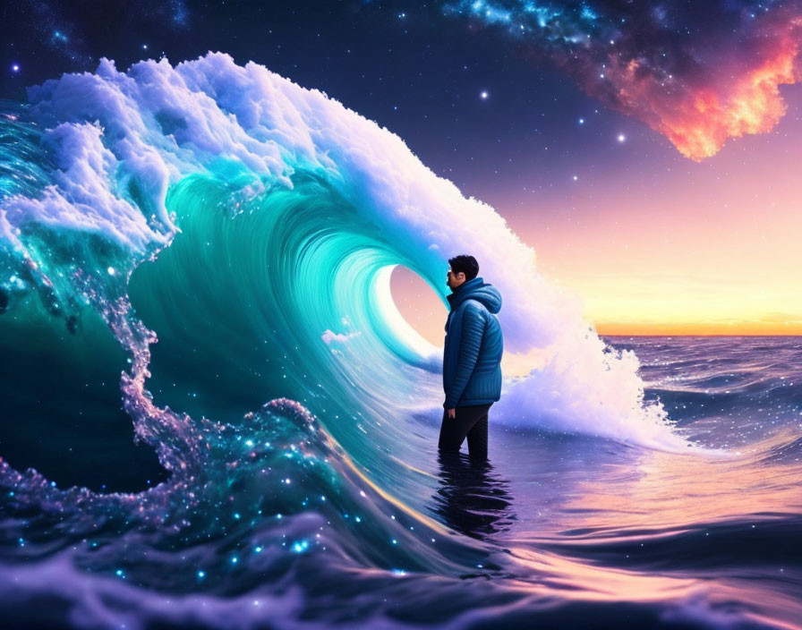 Twilight scene with person in shallow water facing surreal wave