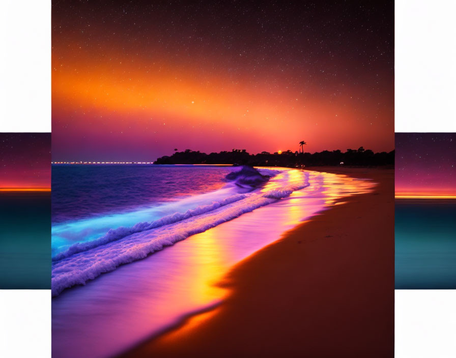 Twilight beach scene with neon wave, starry sky, and palm trees