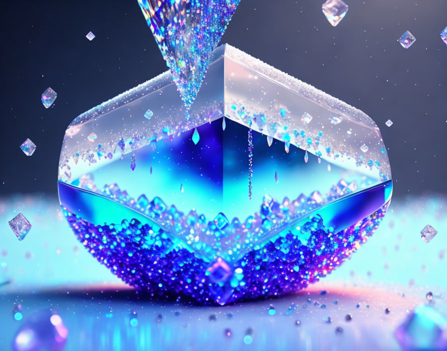 Vibrant 3D illustration of overflowing diamond vessel with sparkling crystals on blue backdrop