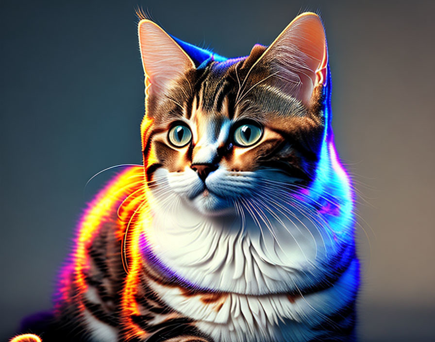 Tabby Cat Portrait with Striking Blue Eyes and Neon Light Contours