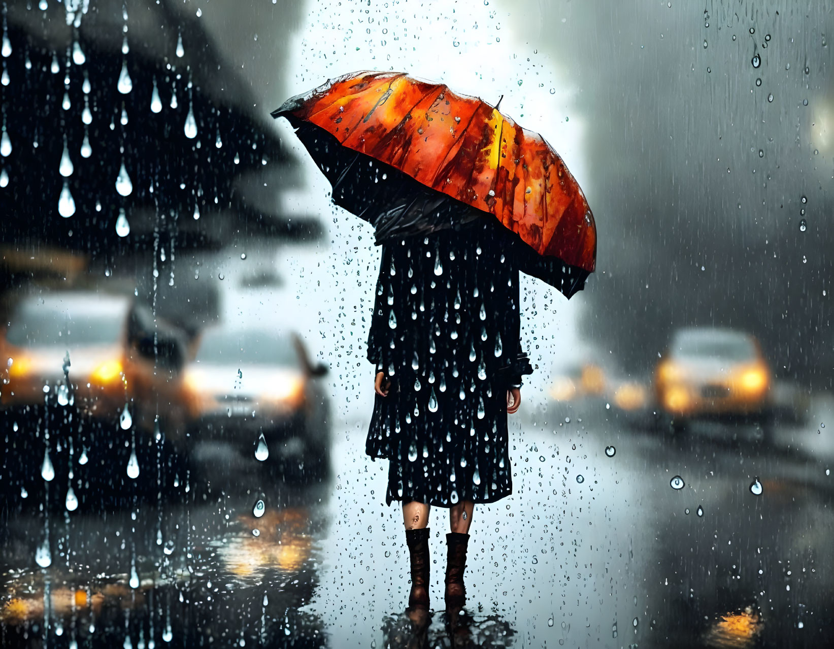 Colorful umbrella person standing on wet street in the rain with blurred cars.