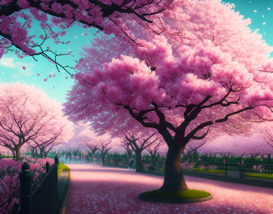 Cherry blossoms avenue with falling petals under pink sky