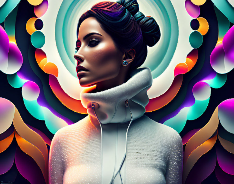 Digital portrait of woman with headphones and white turtleneck in colorful backdrop