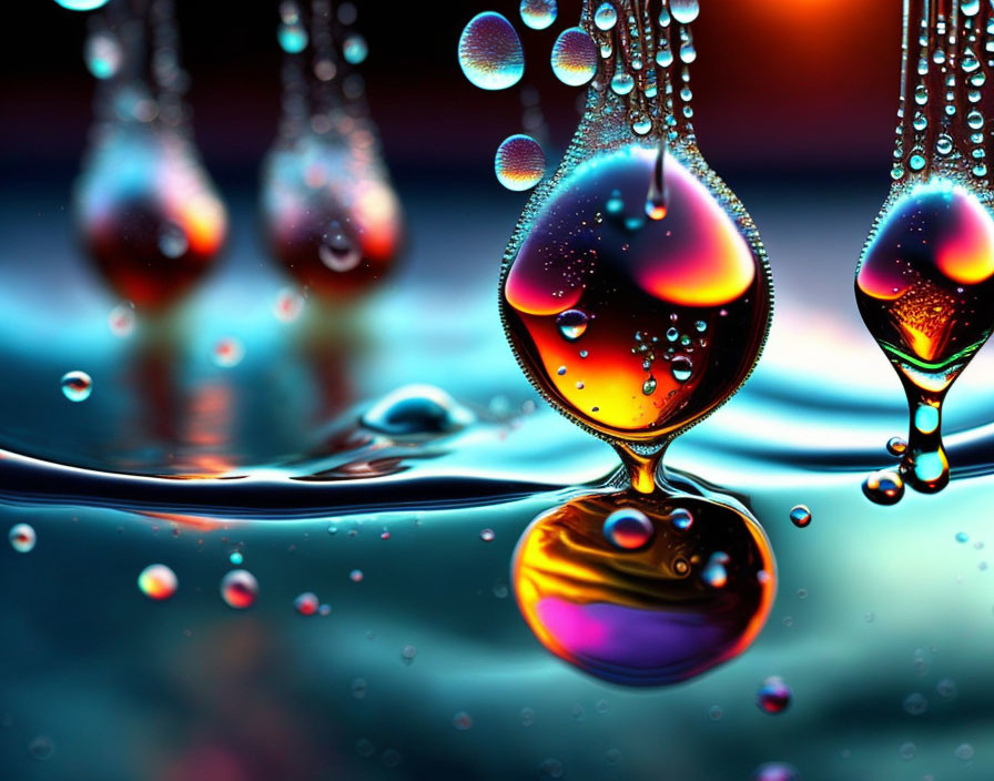 Colorful water droplets reflected in oily liquid: abstract macro-photo.