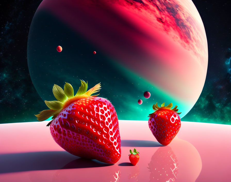 Surreal giant strawberries on reflective surface with colorful space backdrop