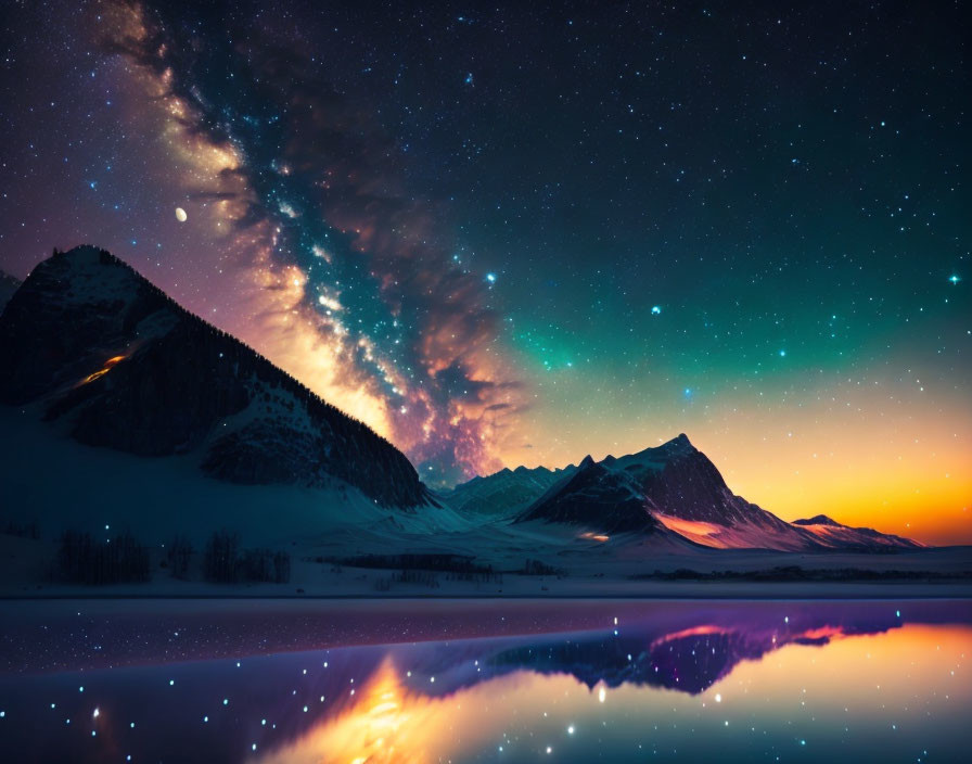 Snow-capped mountain range under Milky Way beside tranquil lake