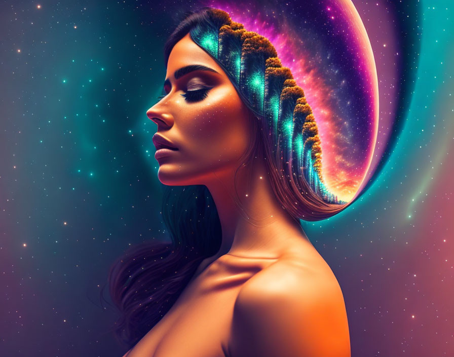 Portrait of woman with cosmic-themed hair against starry backdrop