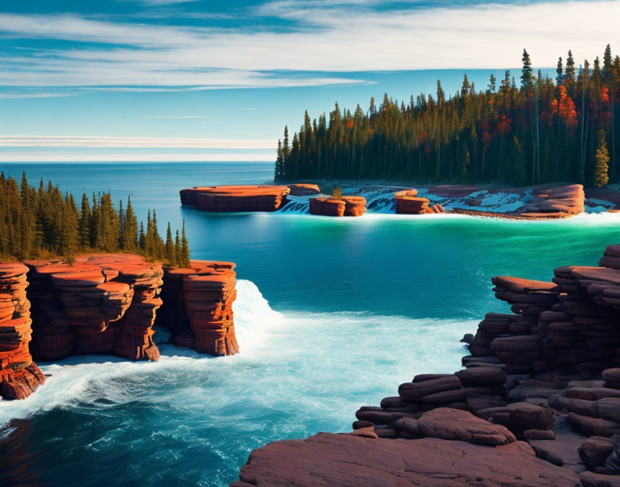 Red Rock Formations, Evergreen Forests, and Turquoise Sea in Coastal Scene