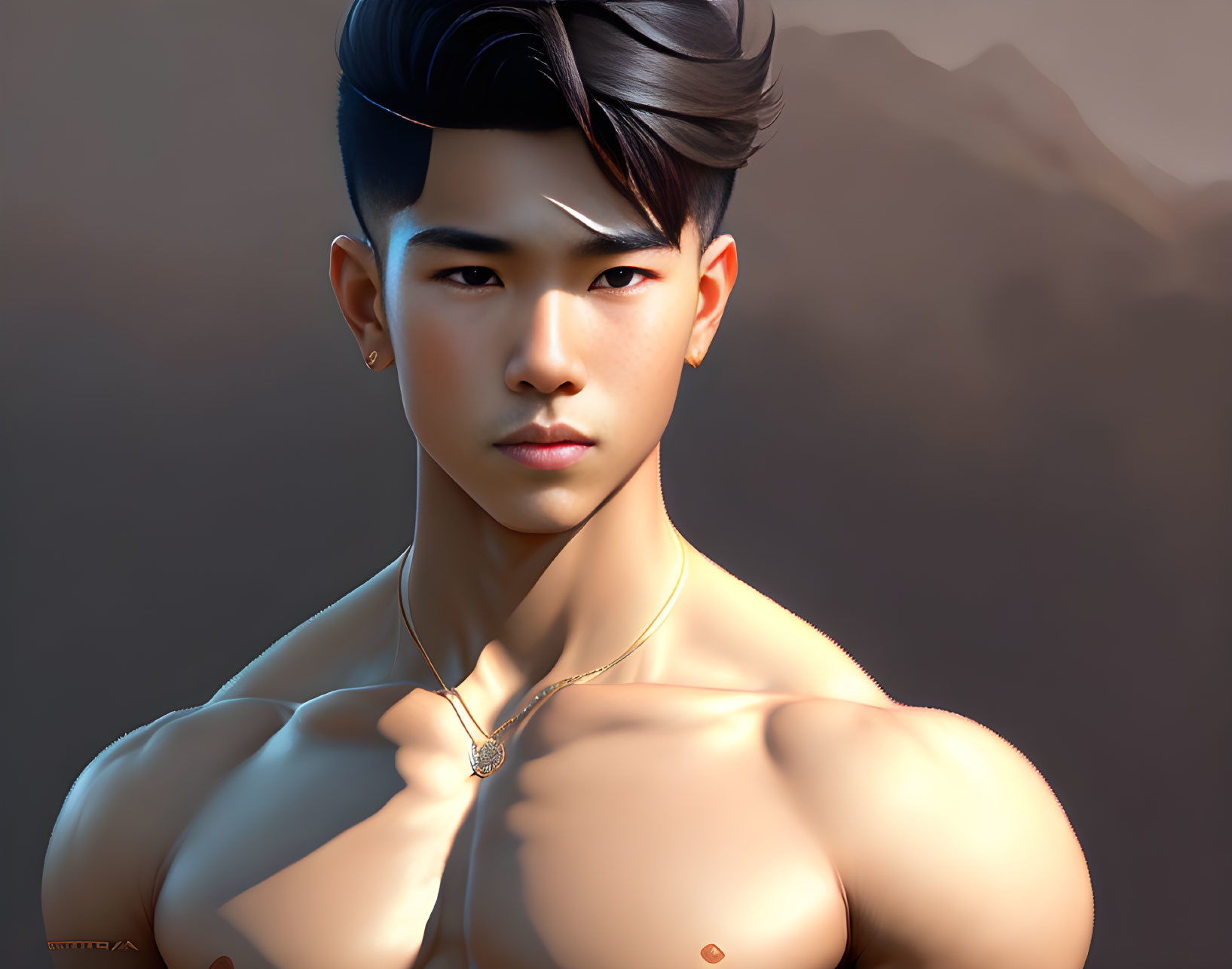 Muscular shirtless male figure with stylish haircut and necklace.