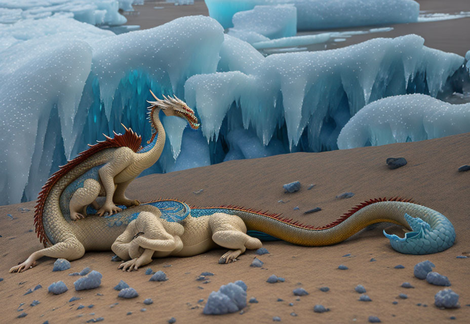 Detailed 3D-rendered dragon on sandy shore with blue and gold scales amidst icy formations.