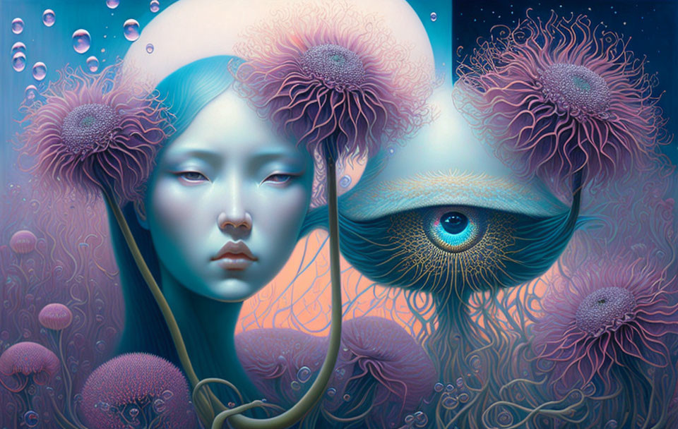Surreal artwork: Woman's face with closed eyes, vibrant coral growths, oversized eye with