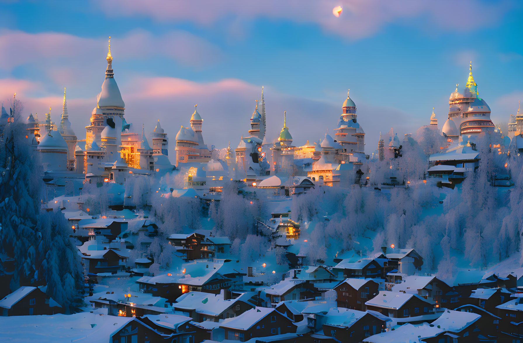 Snowy village at dusk with illuminated traditional buildings and crescent moon