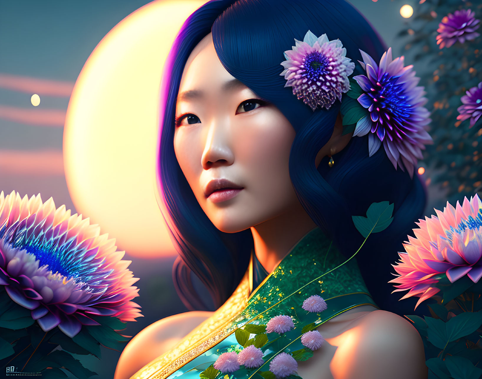 Asian woman with blue hair and purple flowers in digital portrait