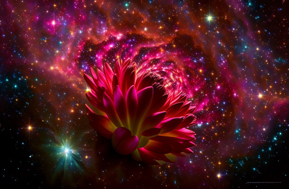 Neon pink flower in cosmic galaxy backdrop
