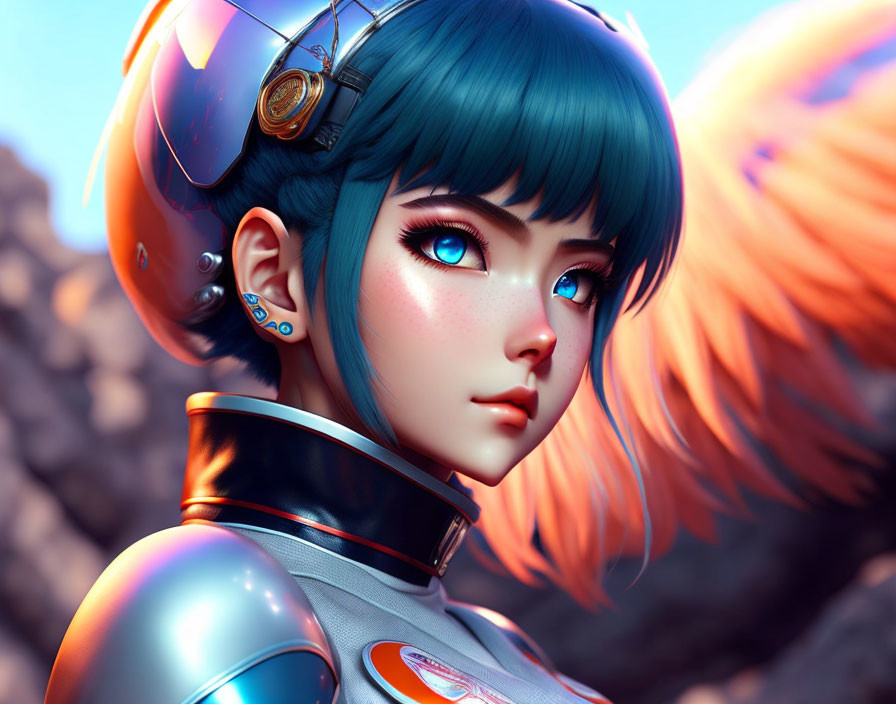 Digital Artwork: Female with Blue Eyes and Hair in Futuristic Spacesuit