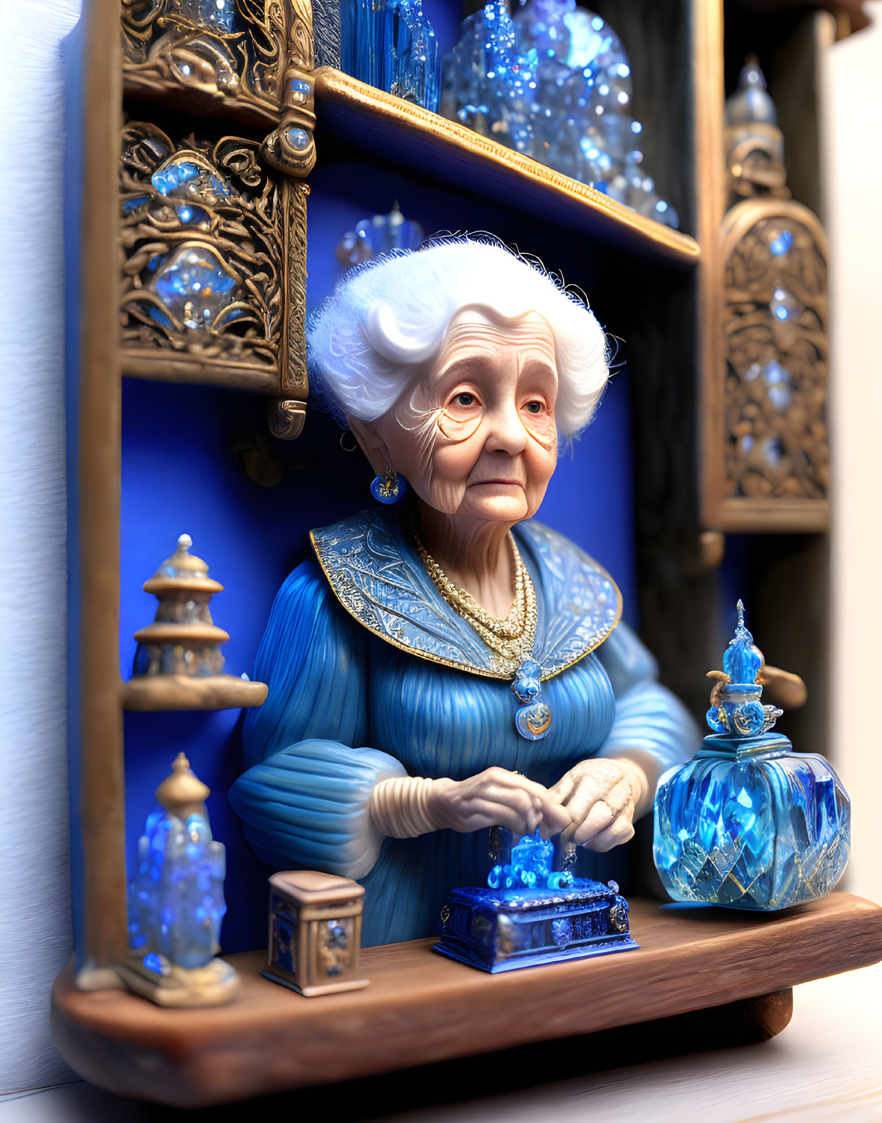 Elderly animated lady with white hair in blue dress at glass-adorned wooden shelf