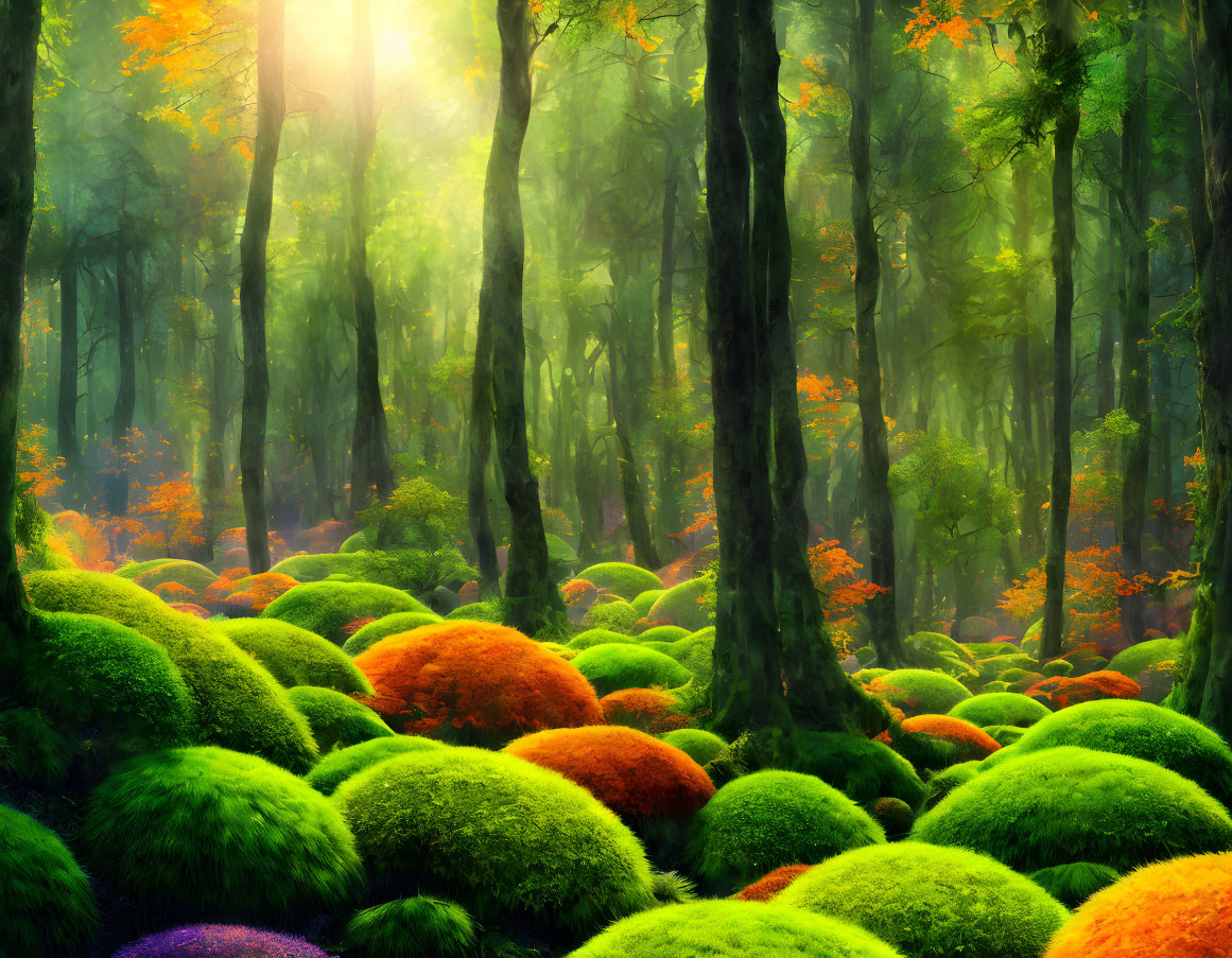 Lush forest with sunlight illuminating green moss and autumn trees