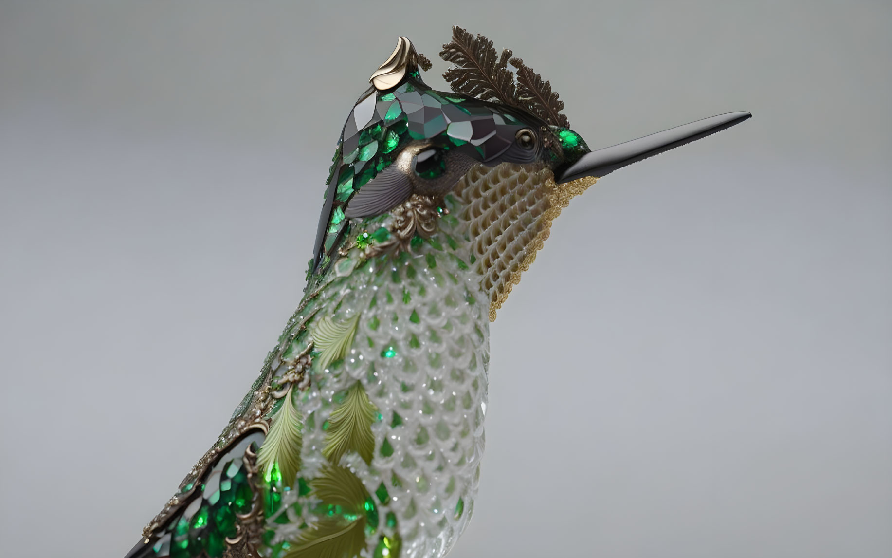Intricately designed hummingbird with shiny green and white beads on grey background