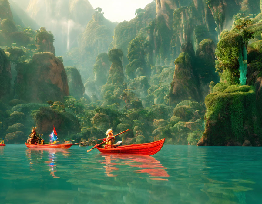 Animated characters in canoe on mystical river with fog-covered cliffs