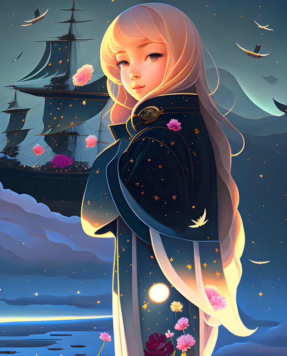Blonde girl in navy cloak under night sky with ship and moons