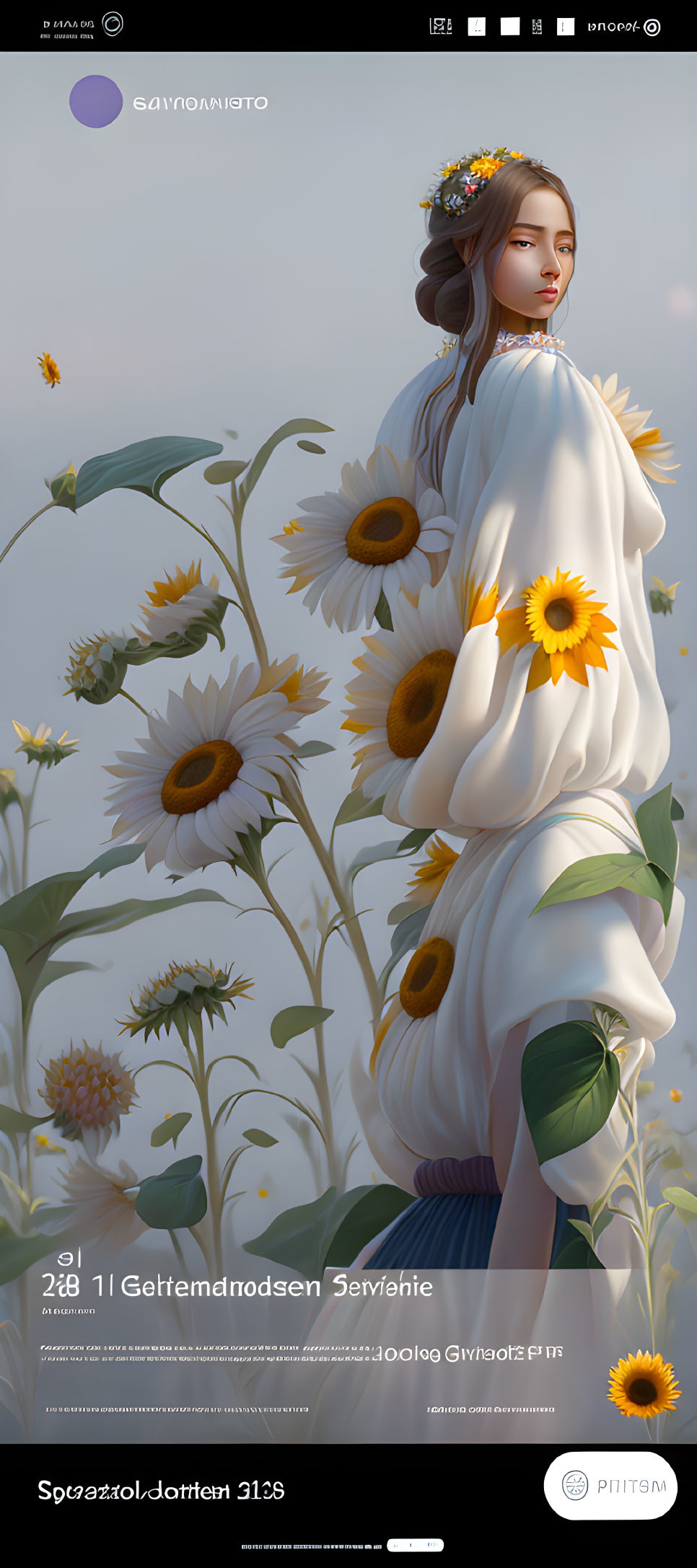 Digital Art: Serene Woman in White with Sunflowers in Sunny Floral Setting