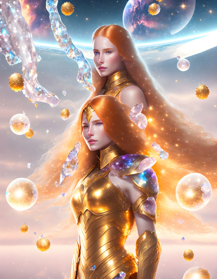 Ethereal women in golden armor surrounded by crystals and orbs