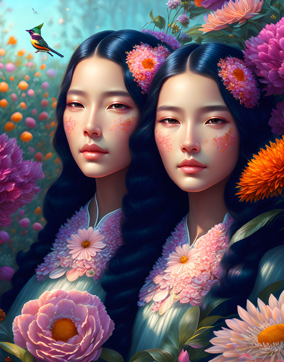 Twin women digital art with floral elements and hummingbird