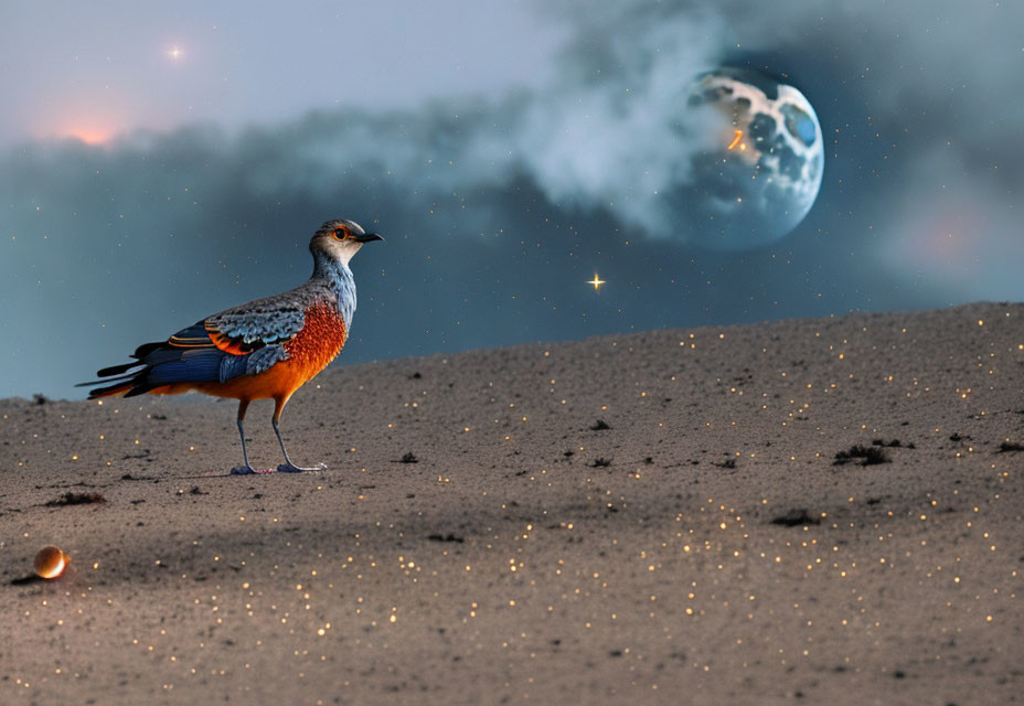 Colorful Bird on Sandy Terrain with Detailed Moon and Twilight Sky