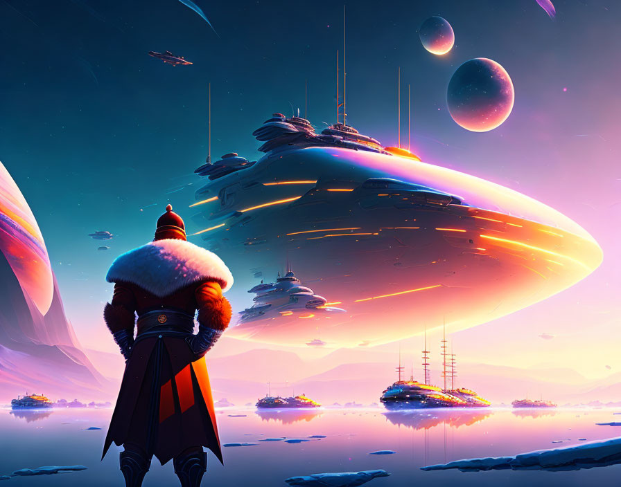 Person in Red and Black Coat on Surreal Landscape with Floating Cities and Celestial Bodies