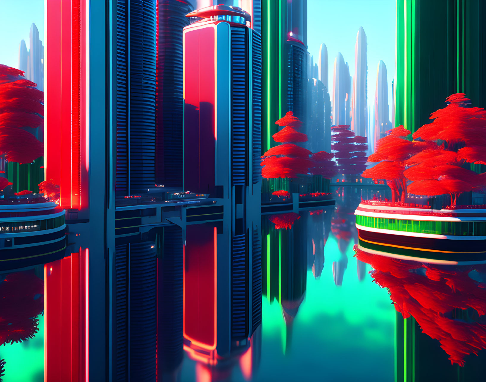 Futuristic cityscape with red foliage, turquoise water, and skyscrapers