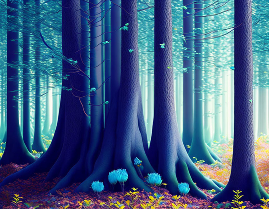 Enchanting forest with oversized blue flowers and giant tree trunks