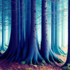 Enchanting forest with oversized blue flowers and giant tree trunks