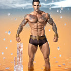Muscular tattooed man in water with floating crystals and planet on orange backdrop