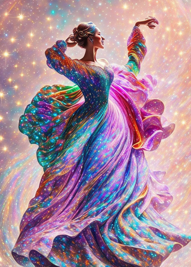 Cosmic-themed woman dancing in vibrant dress against starry background