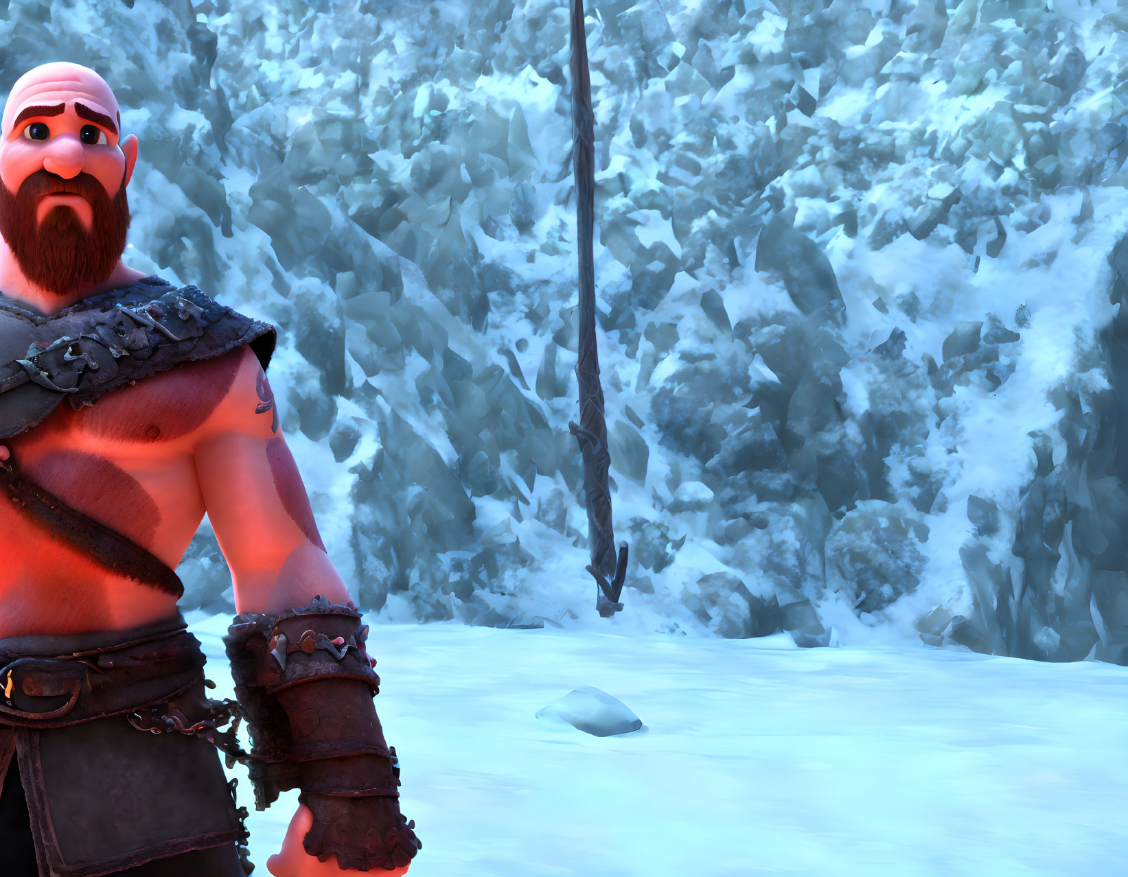 Muscular animated character with red beard in snowy landscape.