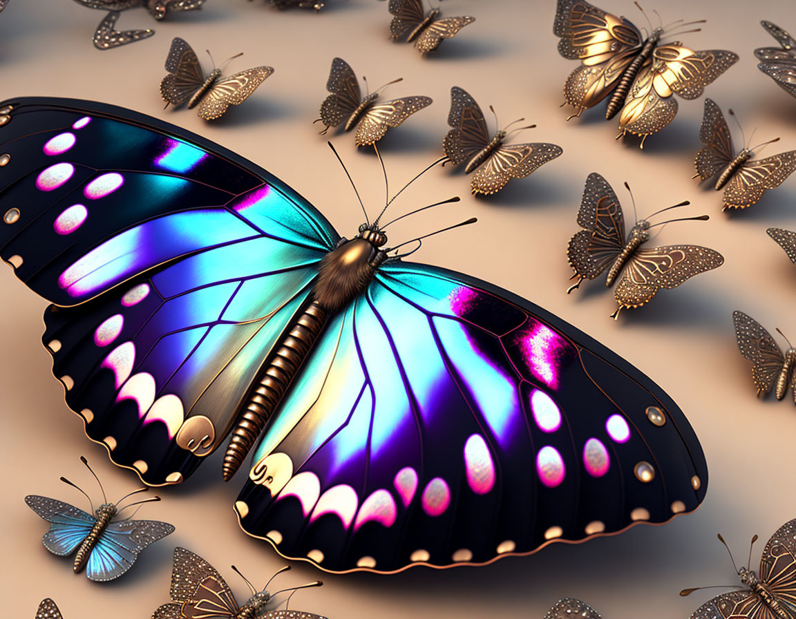 Colorful Butterfly Illustration Among Group on Golden Background