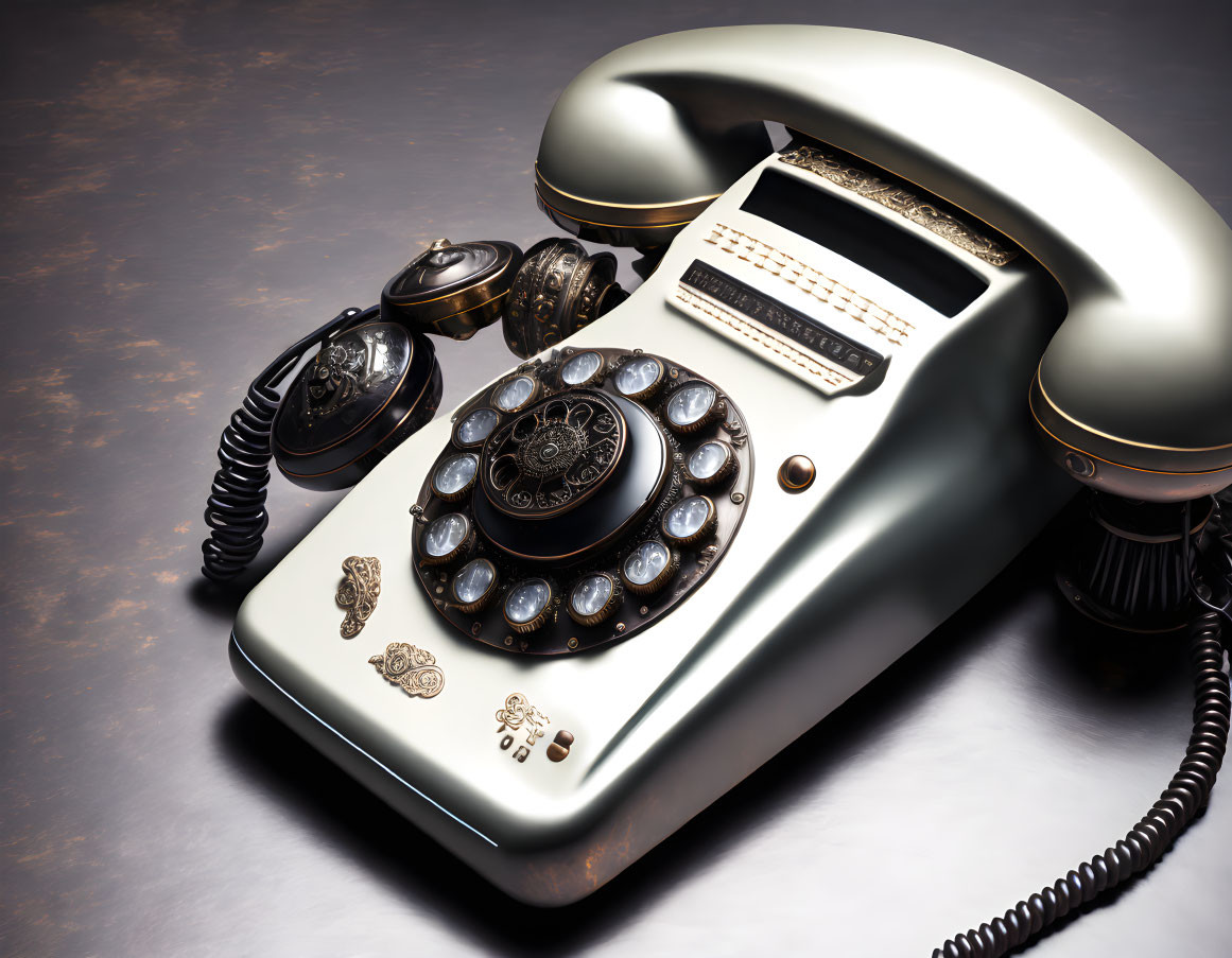 Classic Rotary Telephone with Ornate Details on Textured Surface