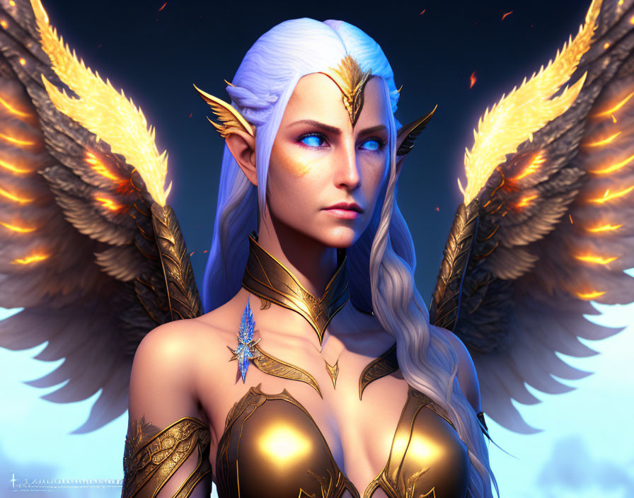 Fantasy character with white hair, blue eyes, golden armor, and fiery wings