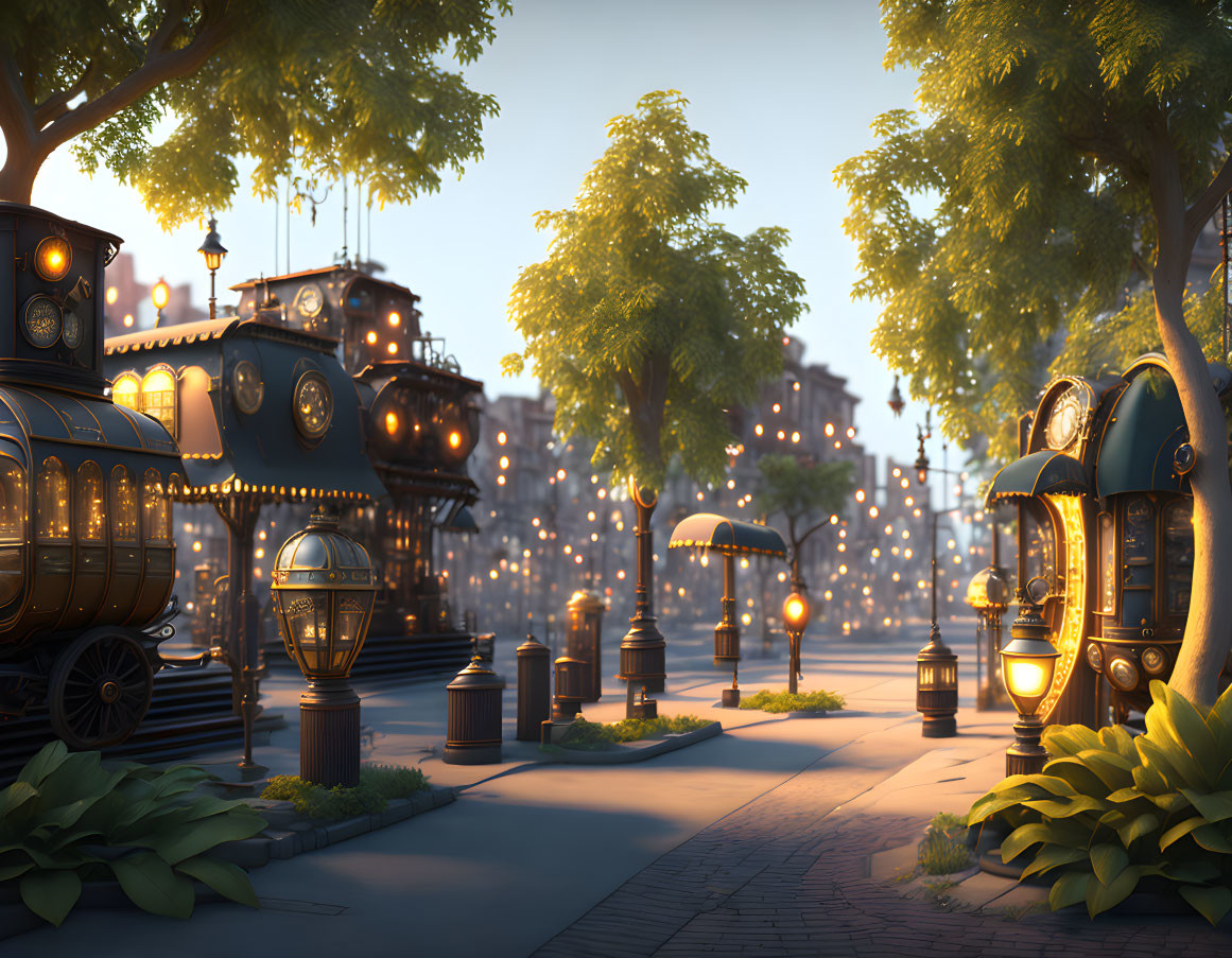 Whimsical street scene at dusk with vintage train buildings and glowing lights