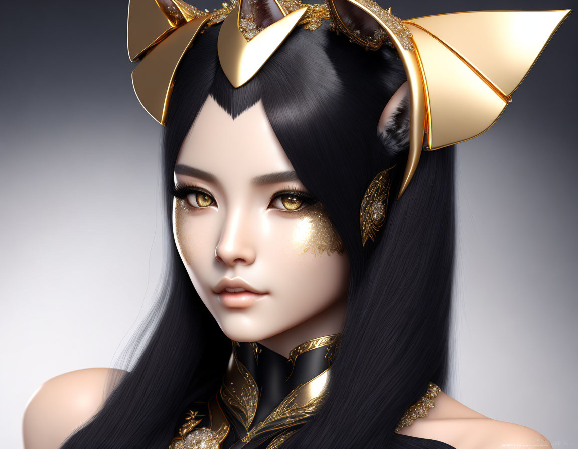 Digital Artwork: Woman with Golden Cat Ears and Striking Eyes