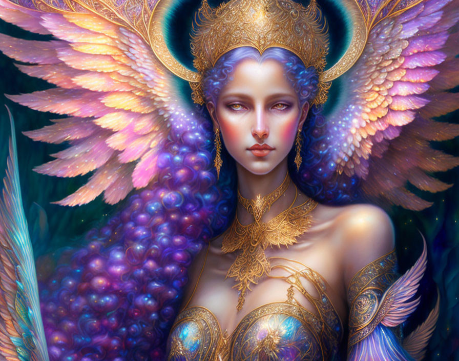Ethereal figure with golden headgear, jewelry, and feathered wings on dark background