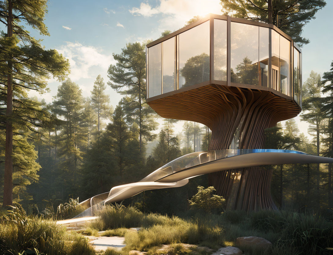 Glass-walled treehouse in pine forest with futuristic design